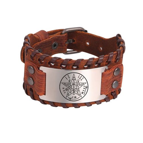 Bracelet Enroulé En Cuir Pour Homme, Pentagrammaton, Amulette, Pentacle, Bijoux Wiccan En Acier Inoxydable, Nom De Dieu, Puissance Antique