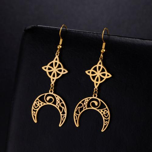 Boucles D'oreilles Pendantes De Lune De Noeud De Sorcière Pour Des Femmes, Acier Inoxydable, Pierre De Naissance Noire, Noeud Celtique, Amulette Irlandaise Chanceuse, Bijoux Wiccan