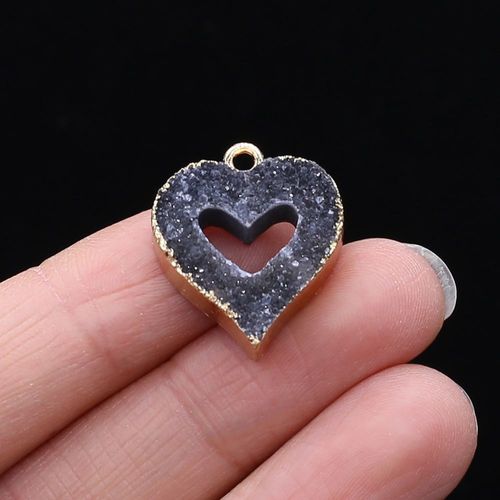 Pendentif En Forme De C¿Ur, Cristal Naturel, Creux, Pierre Noire, Bijou Artisanal, Collier, Bracelet, Boucle D'oreille, Accessoires 19x21mm