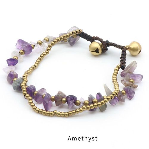 Bracelet En Pierre Semi-Précieuse 18-18.5cm Pour Femme, Bijou Naturel, Améthyste Lapis Lazuli, Avec Clochette Et Perles De Décoration