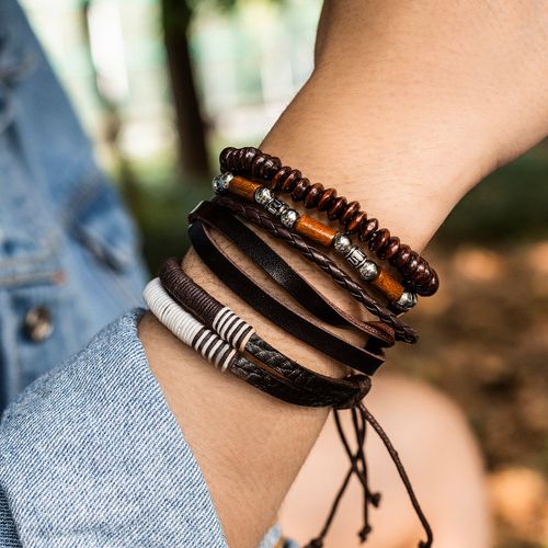Ingesight.Z-Bracelets Ronds En Cuir Pu Marron Pour Hommes, Perles De Bois Punk, Bracelets Faits À La Main Boho, Cadeau De Bijoux De Fête, Ensemble De 4 Pièces