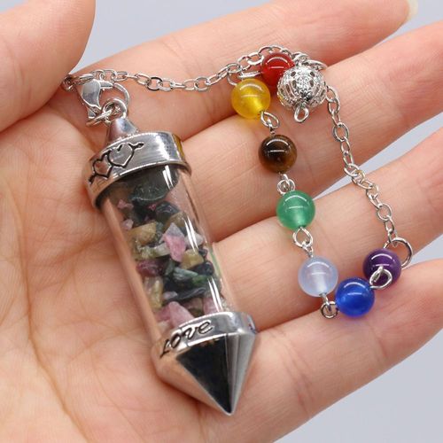 Pendentif À Sept Chakras, Pierre Précieuse Naturelle, Citrine, Tourmaline, Bouteille De Souhait, Pendule En Pierre Écrasée, Guérison, Yoga, Purification De L'esprit, Bijoux