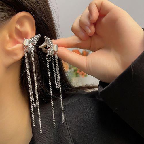 Boucle D'oreille Clip De Manchette Non Perçante Pour Femme, Gland En Cristal De Document Argenté, Bijoux De Piercing Au Cartilage, Biscuits Brillant, Jofake