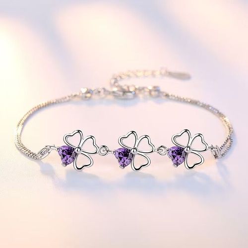 Jewelpoptop-Bracelet En Argent Regardé Pr925, Bijou De Mariage Violet, Trèfle Porte-Bonheur, Cubique, Contre-Indiqué, Longueur 17cm + 4cm