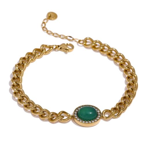 Yhpup-Bracelet À Breloques En Acier Inoxydable Pour Femme, Pierre D'agate Verte, Bijoux Jonc Jobracelet, Plaqué Or 18k, Accessoire De Poignet, Cadeau