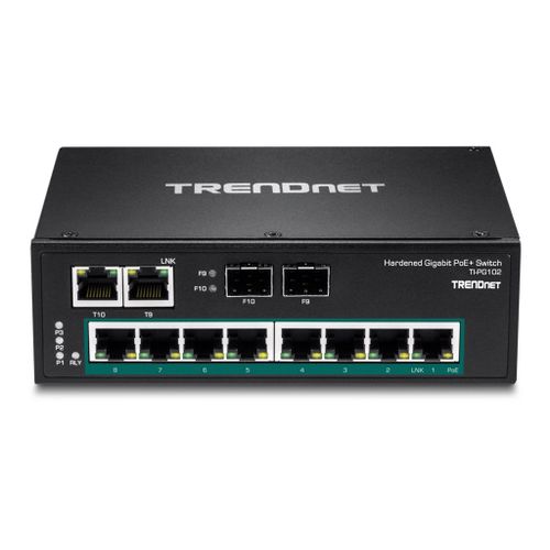 TRENDnet TI-PG102 - Commutateur - non géré - 8 x 10/100/1000 (PoE+) + 2 x SFP Gigabit combiné - Montage sur rail DIN, fixation murale - PoE+ (240 W) - Tension CC - Conformité TAA