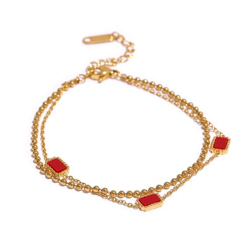 Yhpup-Bracelet Double Jogreen En Acier Inoxydable Pour Femme, Bracelet Carré Rouge, Acrylique, Charme Or, Document Chimfashion, Bijoux Coréens