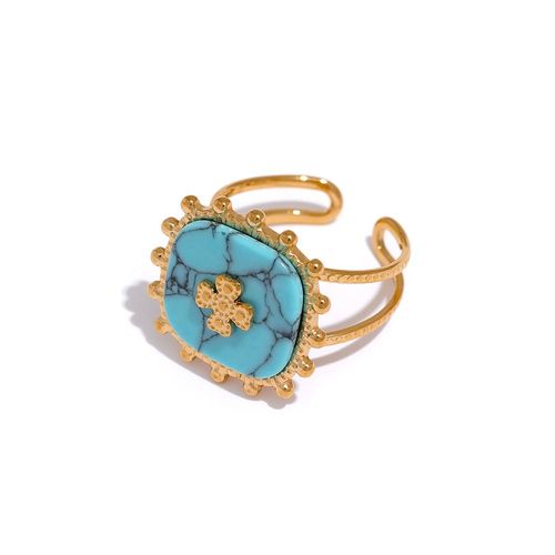 Yhpup Bague En Pierre Turquoise Naturelle, Bijou En Acier Inoxydable Avec Croix Carrée, Style Bohème, Anneau Réglable, Très Tendance, Bijouterie D'été