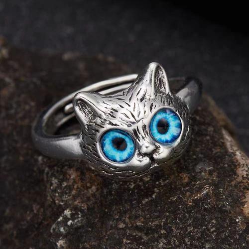 Bague De Gros Chat Aux Grands Yeux Bleus Pour Femmes, Animal De Compagnie Mignon, Ouverture Réglable, Bijoux De Fête À La Mode, Cadeau Pour Les Filles