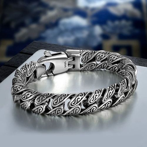 Bracelet De Personnalité À Motif D'herbe Tang Pour Hommes, Rétro, Plaqué Argent, Hip Hop, Mode, Style Ethnique, Bijoux De Manchette Décontractés
