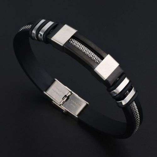 Bracelet Classique En Acier Inoxydable Et Silicone Pour Hommes, Simple Couche, Noir, Style Punk, Manchette À Boucle Repliable