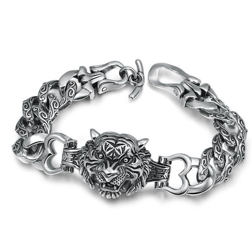 Bracelet Tête De Tigre Dominatrice Pour Homme, Manchette Bête Plaquée Argent, Bijoux De Charme Créatifs