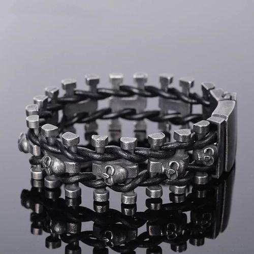 Bracelet Steampunk Tête De Mort En Métal Pour Homme, Cuir Découpé, Manchette Tressée, Bracelet Strucgothique, Bijoux De Moto Rock