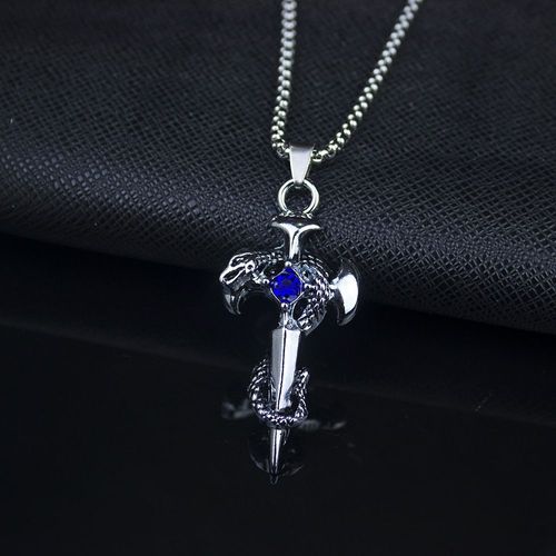 Pendentif D'épée De Croix De Salle D'enroulement Rétro Pour Hommes, Collier De Fête Décontracté, Bleu