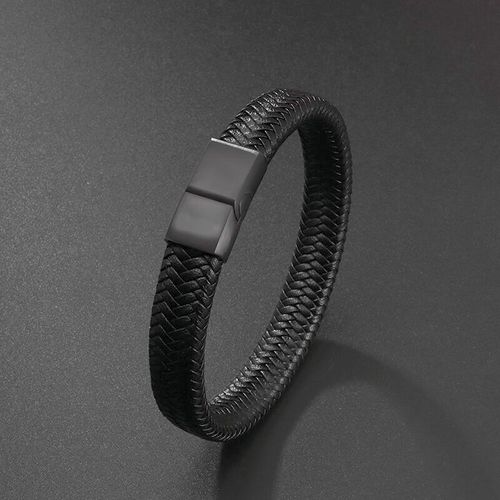 Bracelet En Cuir Noir Tissé À La Main Classique Pour Homme, Manchette Magnétique En Métal, Bijoux Décontractés, Cadeaux Exquis