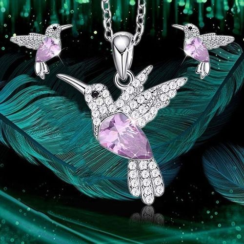Ensemble De Bijoux Colibri Plaqué Argent Pour Femme, Boucles D'oreilles Jonecklace, Pendentif En Cristal Vert Et Noir, Bijoux Spinaux Pour Petite Amie