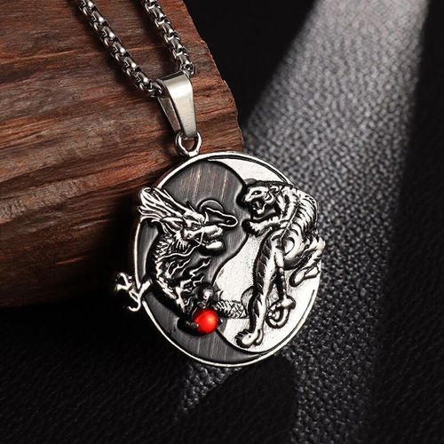 Pendentif Dragon Et Tigre Dominateur, Perle De Jeu, Tai Chi, Fleur De Soleil Incrustée, Collier En Zircon Rouge, Bijoux Porte-Bonheur Pour Hommes, Nouvelle Collection