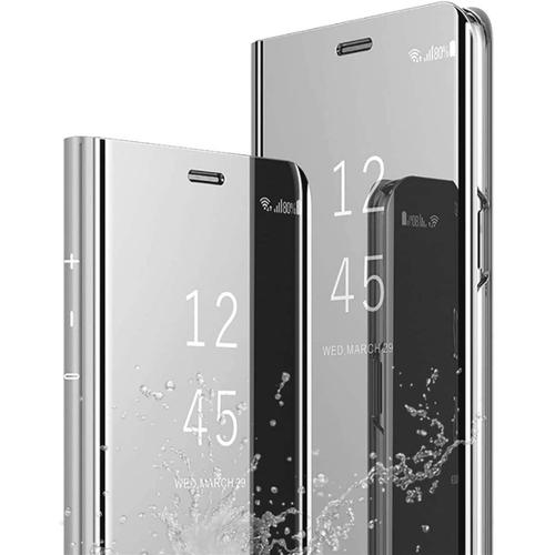 Coque Pour Samsung Galaxy A54 5g, Clear View Flip Case Placage Miroir Effet Coquea Rabat Rigide Pu Cuir Etui Galaxy A54 5g 360 Antichoc Bumper Fine Case (Argent)