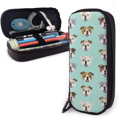 Trousse ¿¿ Crayons Bulldog Anglais Visage De Chien Vert Menthe Trousse ¿¿ Crayons En Cuir Mignon Grande Capacit¿¿ Grand Sac ¿¿ St