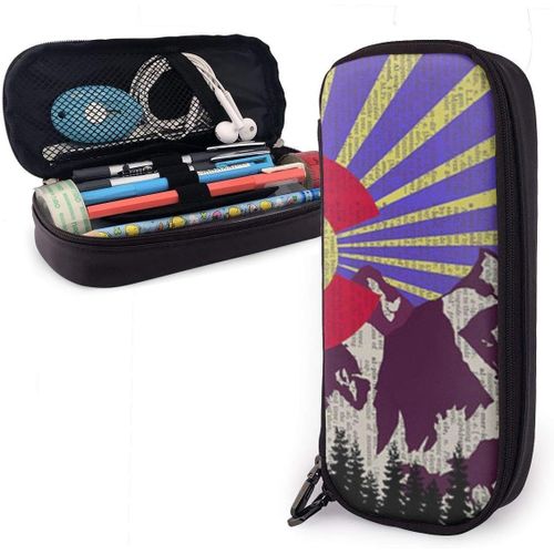 Trousse ¿¿ Crayons En Cuir Ancien Drapeau De La Montagne Du Colorado Violet Sac ¿¿ Crayons Grande Capacit¿¿ Organisateur Sa