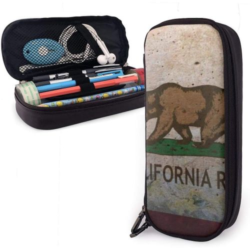 Trousse ¿¿ Crayons En Cuir Drapeau Californien Ours ¿¿ Double T¿ºte Grand Sac ¿¿ Stylos Organisateur ¿¿ Glissi¿¿Re Sac De Pape