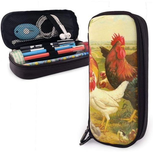 Trousse ¿¿ Crayons En Cuir Poulets Et Ferme Petit Coq Grand Sac ¿¿ Stylos Grand Sac De Papeterie Grande Capacit¿¿ Sac ¿¿ Cra