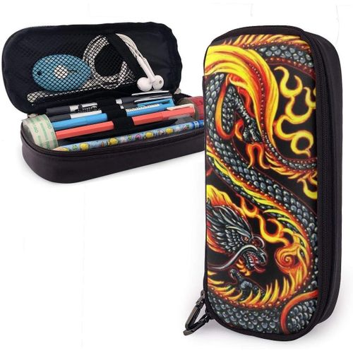 Grand Sac ¿¿ Crayons Burning Flaming Fire Dragon Chinois Noir Sac ¿¿ Crayons En Cuir L¿¿Ger Trousse ¿¿ Crayons Compartiments