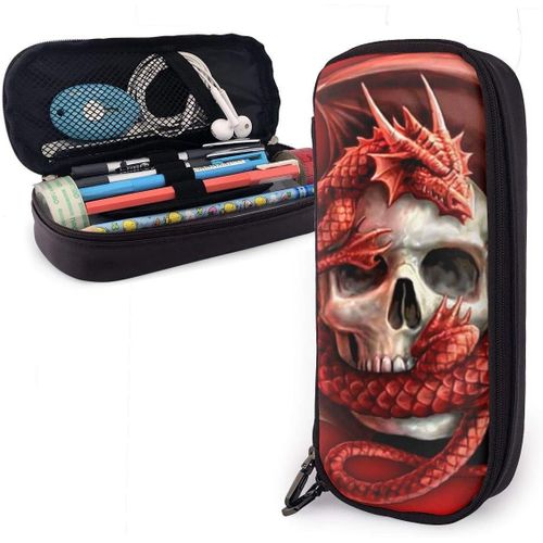 Organisateur Papeterie Sac Cool Skull Dragon Rouge ¿¿Tui ¿¿ Crayons En Cuir Double Fermetures ¿¿ Glissi¿¿Re Trousse ¿¿ Crayon