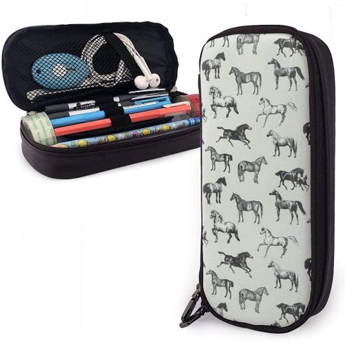 Trousse ¿¿ Crayons Cheval Sauvage Gris Organisateur Sac De Papeterie ¿¿Tui ¿¿ Crayons En Cuir L¿¿Ger Double Fermetures ¿¿Clai