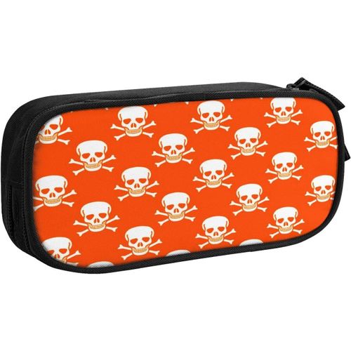 Trousse À Crayons Orange Pirate Skull Bones, Grande Capacité Grande Pochette Porte-Stylo