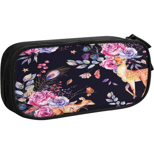 Trousse À Crayons Floral Roses Cerf Fauve Paon, Grande Capacité Grande Pochette Porte-Stylo