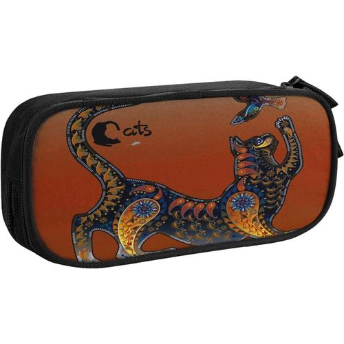 Trousse Motley Plume Motif Chat Mandala, Grande Capacité Grande Pochette Porte-Stylo