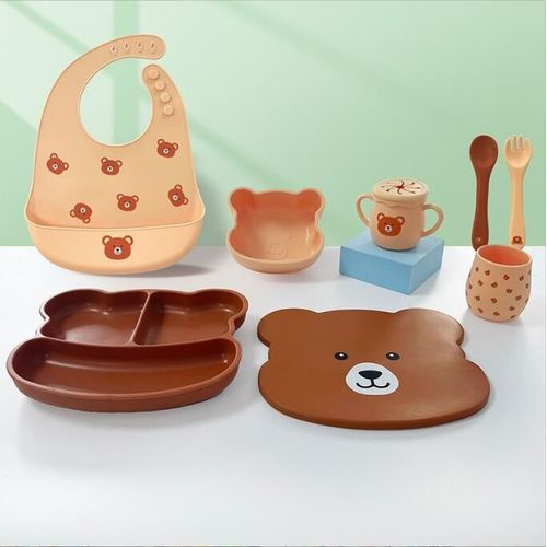 Assiette Ventouse Bébé Vaisselle Silicone, Fourche Cuillère Bavoir Tasses Et Bol, Lot De 7 Set Repas Couverts Sans Bpa Antiderapante Enfant