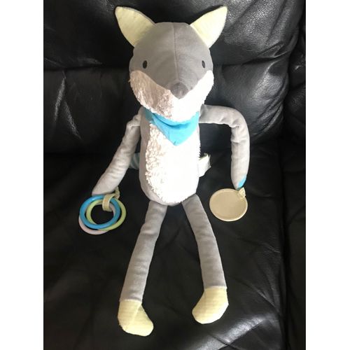Doudou Obaibi Okaidi Loup Renard Chien Gris Blanc Bleu Vert Miroir Anneau 40cm