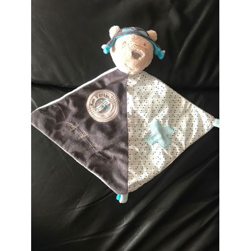 Ours Lazare Sauthon Doudou Plat Bon Voyage Gris Bleu Beige 