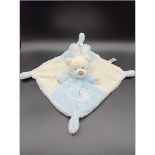 Doudou plat ours bleu et beige/crème/écru déguisé lapin Auchan