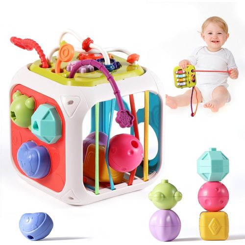 7-En-1, Cube D'activité, Trieur De Formes Pour Bébé Jeux Montessori, Jouets Éducatifs Avec 6 Petites Balles, D'activité