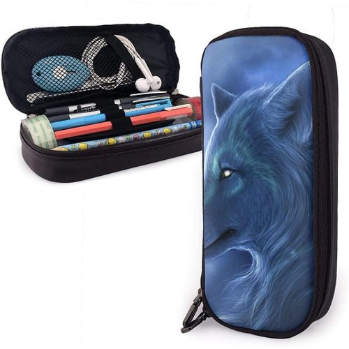 Grande Trousse À Crayons Bleue Motif Loup Pour Garçons Et Filles - Pour Étudiant, Université, Fournitures Scolaires Et Bureau