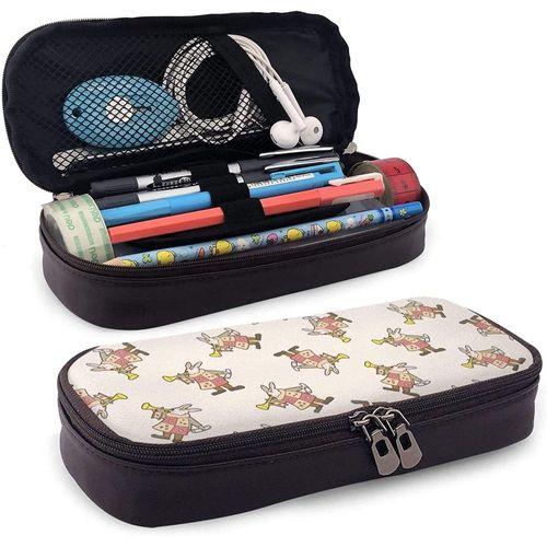 Trousse À Crayons En Cuir Avec Corne Soufflante De Lapin - Grande Capacité - Résistante À L'usure - Double Fermeture Éclair
