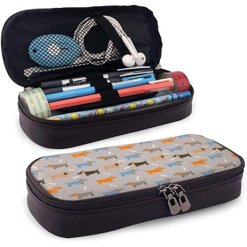 Trousse À Crayons En Cuir Avec Motif Chien Taupe - Grande Capacité - Résistante À L'usure - Double Fermeture Éclair