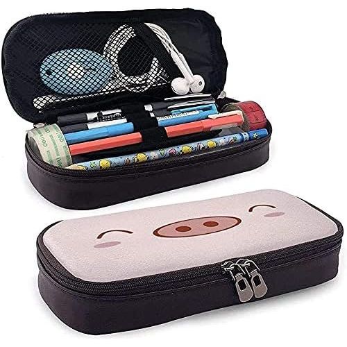 Trousse À Crayons En Cuir Avec Visage De Cochon - Rose - Grande Capacité