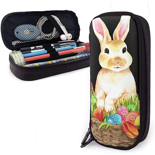 Trousse À Crayons En Cuir Avec Motif Lapin De Pâques - Grande Capacité