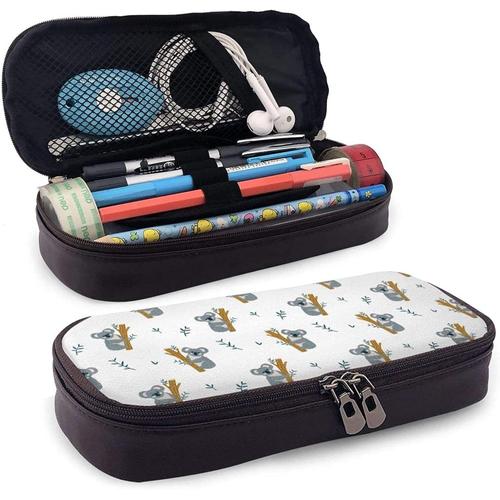 Trousse À Crayons En Cuir Avec Motif Koala - Grande Capacité - Résistante À L'usure - Double Fermeture Éclair