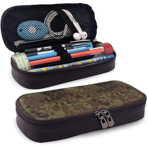 Trousse À Crayons En Cuir Motif Camouflage Flecktarn - Grande Capacité - Résistante À L'usure - Double Fermeture Éclair