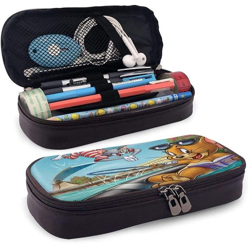 Trousse À Crayons En Cuir T_Om Et J_Erry - Motif Chat Et Souris - Trousse Pour Papeterie, Maquillage, Double Fermeture Éclair - Pour Adultes, Filles, Garçons, École, Bureau