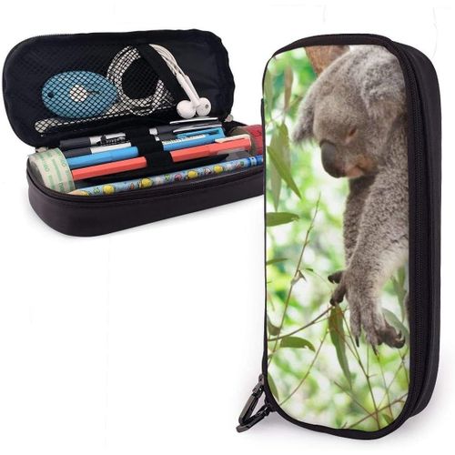 Koala Sleeping Trousse À Crayons En Cuir Pu Durable Avec Double Fermeture Éclair Pour L'école Et Le Bureau 3,8 X 8,9 X 20,3 Cm