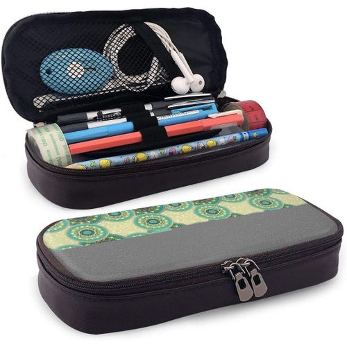 Lpc-058 Trousse À Crayons En Cuir, Thème De La Culture Marocaine Ancienne, Motifs Ronds Inspirés De La Nature Traditionnelle, 19,8 X 11,4 X 3,8 Cm