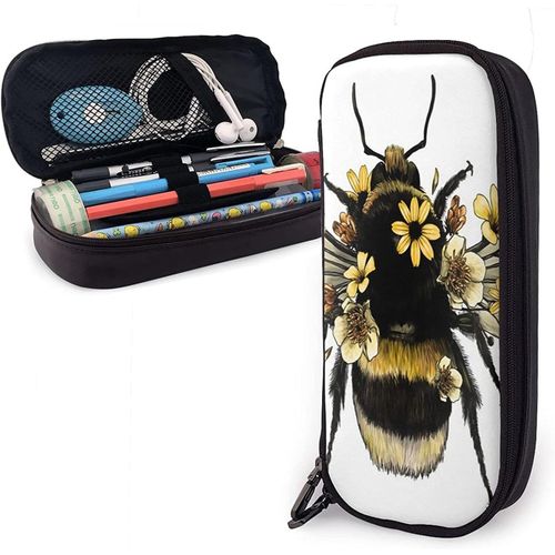 Mengmeng Trousse À Crayons En Cuir Avec Fermeture Éclair Jaune Abeille Grande Capacité