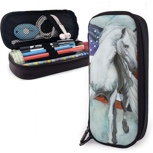 Mengmeng Trousse En Cuir Avec Motif Cheval Blanc Et Drapeau Américain Grande Capacité Trousse À Crayons Organiseur De Papeterie Avec Fermeture Éclair