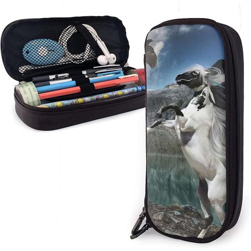 Mengmeng Trousse À Crayons En Cuir Noir Et Blanc Avec Motif Cheval Et Aigle Grande Capacité Trousse À Crayons Organiseur De Papeterie Avec Fermeture Éclair